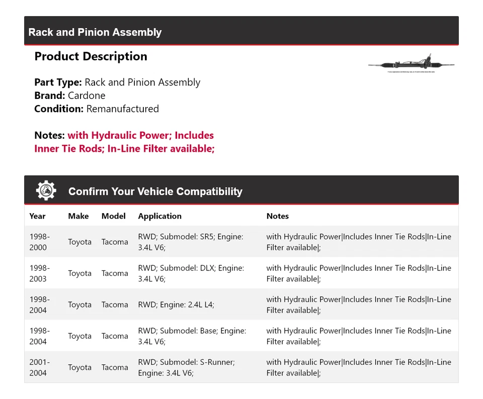 Conjunto de piñón y cremallera para Toyota Tacoma 1998-2004 Cardone 1999 2000 2001 Foto 2 de 4