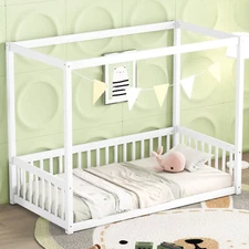 Modern Wooden Twin Size Canopy Bed Frame Floor Bed with Fence/ Guardrails White
