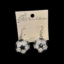 Soccer Ball Earrings Black Enamel Clear Crystal Fashion Silver Jewelry Futball