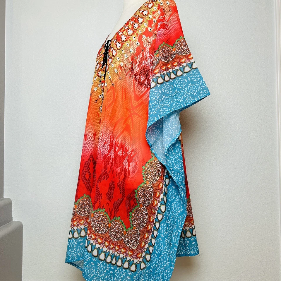 Túnica Ashley Taylor naranja/azul/multi lentejuelas cuello en V playa cubierta talla única nueva con etiquetas Foto 4 de 4