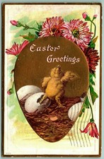 Gilt Egg Baby Chick Carnation Flowers Embossed 1910 DB Postcard I10