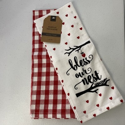 Kitchen Towel Set 2 Pc Dish Towels Red White Bless Our Nest 100% Cotton NWT