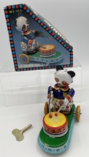 VTG Clockwork Panda Bear w/ Box & Key Tin Wind Up Toy Drumming Animal WORKS