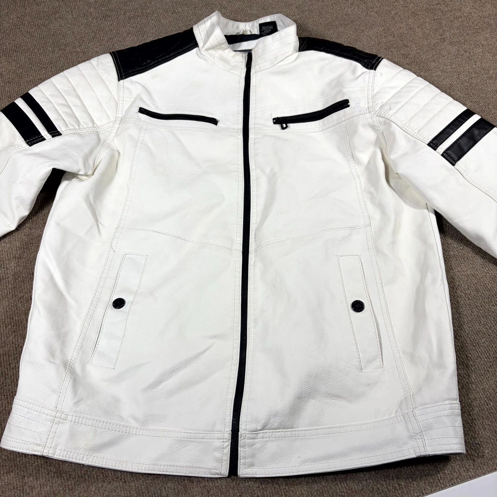 Distortion Biker Jacket Mens XL White Faux Leather Mock Neck Full Zip Racing image 8