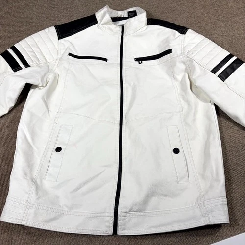 Distortion Biker Jacket Mens XL White Faux Leather Mock Neck Full Zip Racing image 8