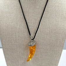 Vintage Faux Amber Horn Pendant Necklace Black Cord Silver Tone Cap Boho Classic