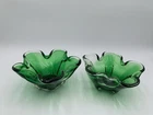 Set Of 2 Vintage Murano Blown Glass Green Art Glass Accent Bowls