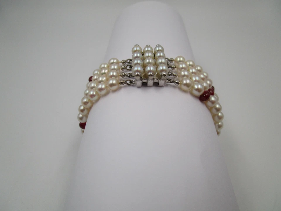 18cm 4 filas JKa Akoya perlas pulsera rubí 585 oro joyería 14K or oro perla - Imagen 3 de 4