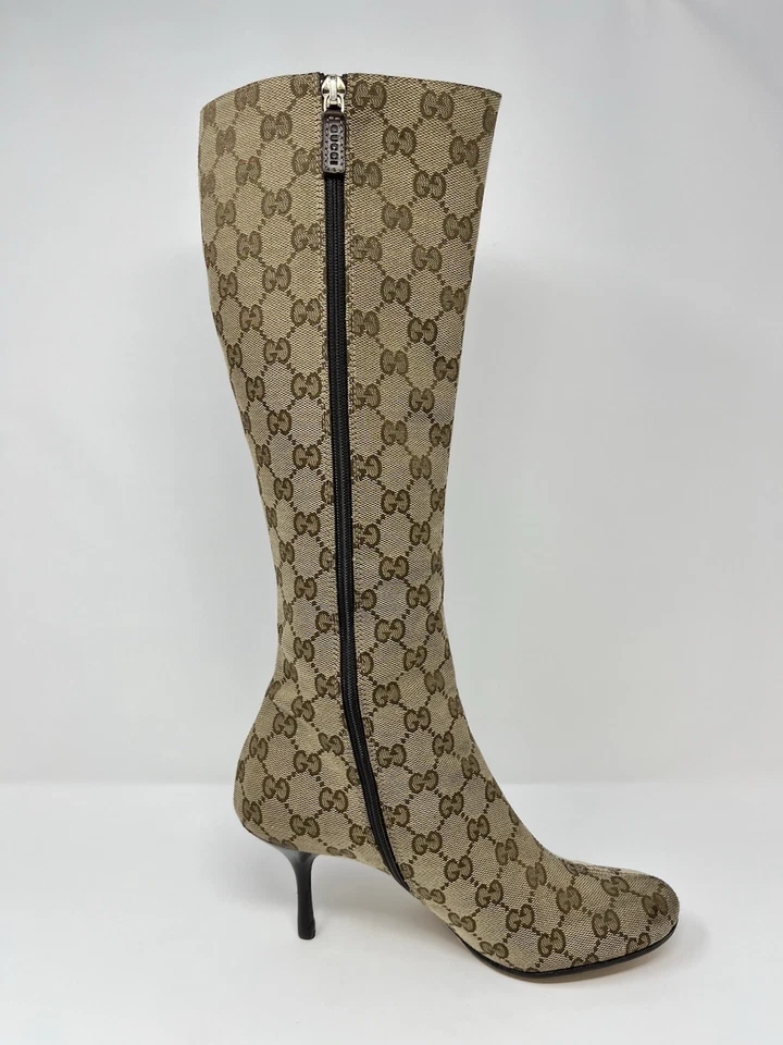 Botas de Colección Gucci GG Logo Monograma Marrón Tostado Lona Tacón Alto hasta la Rodilla 7 37 Foto 4 de 4