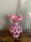 VTG FENTON CRANBERRY OPALESCENT "COIN DOT" RUFFLED TOP VASE (PLS SEE DETAILS)