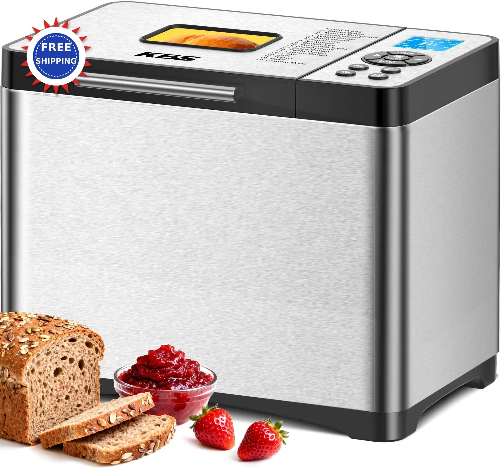 Bread Maker 2LB 19-in-1 Programmable Stainless Steel Nonstick Ceramic Pan 650W