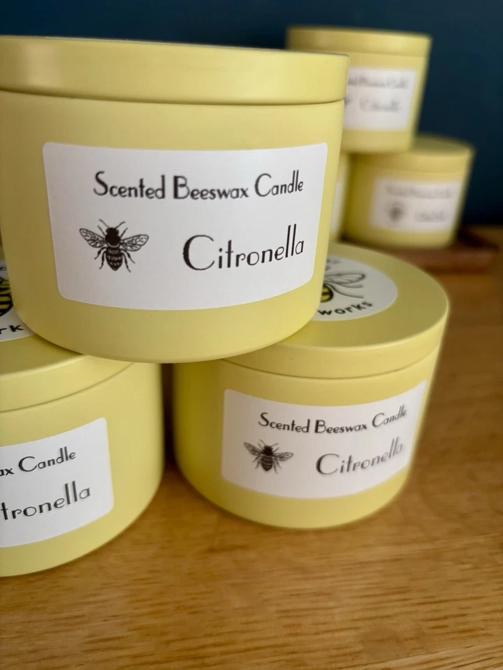 Large Citronella Beeswax Candle In Modern Yellow Tin With Wooden Wick. - Image 4 of 4