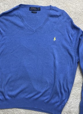 Polo Ralph Lauren V Neck Sweater Soft Blue Pima Cotton w Yellow Pony Men XL