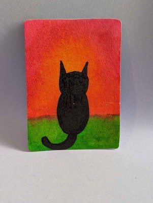 Katze bewundern Sonnenuntergang ACEO Original Kunstkarte OOAK 