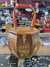 Vintage Wooden Octagon Decoupage Box Purse Village shops- Latch  Lucite Handle