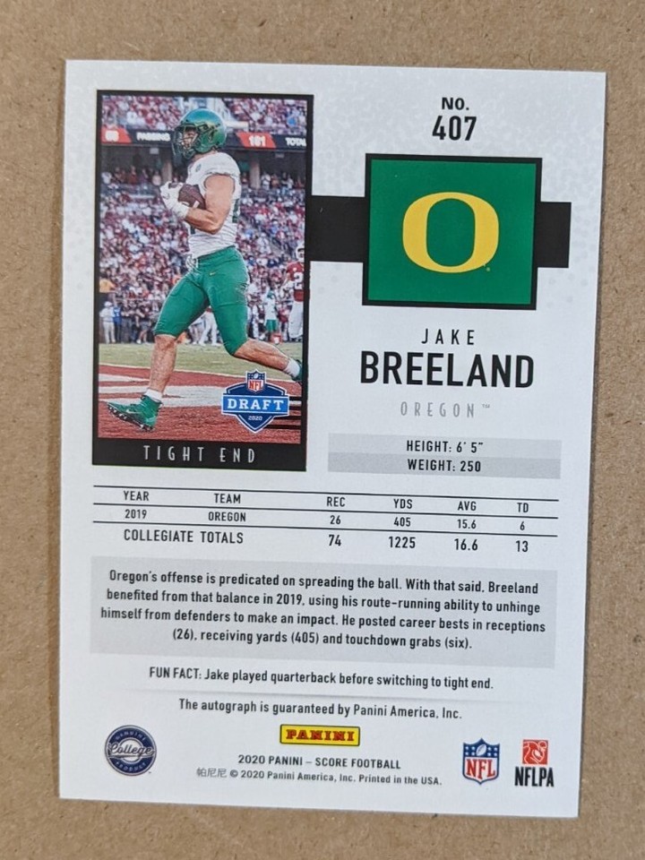 2020 SCORE FIRST DOWN #407 JAKE BREELAND AUTO AUTOGRAPH #'D 5/10 | eBay