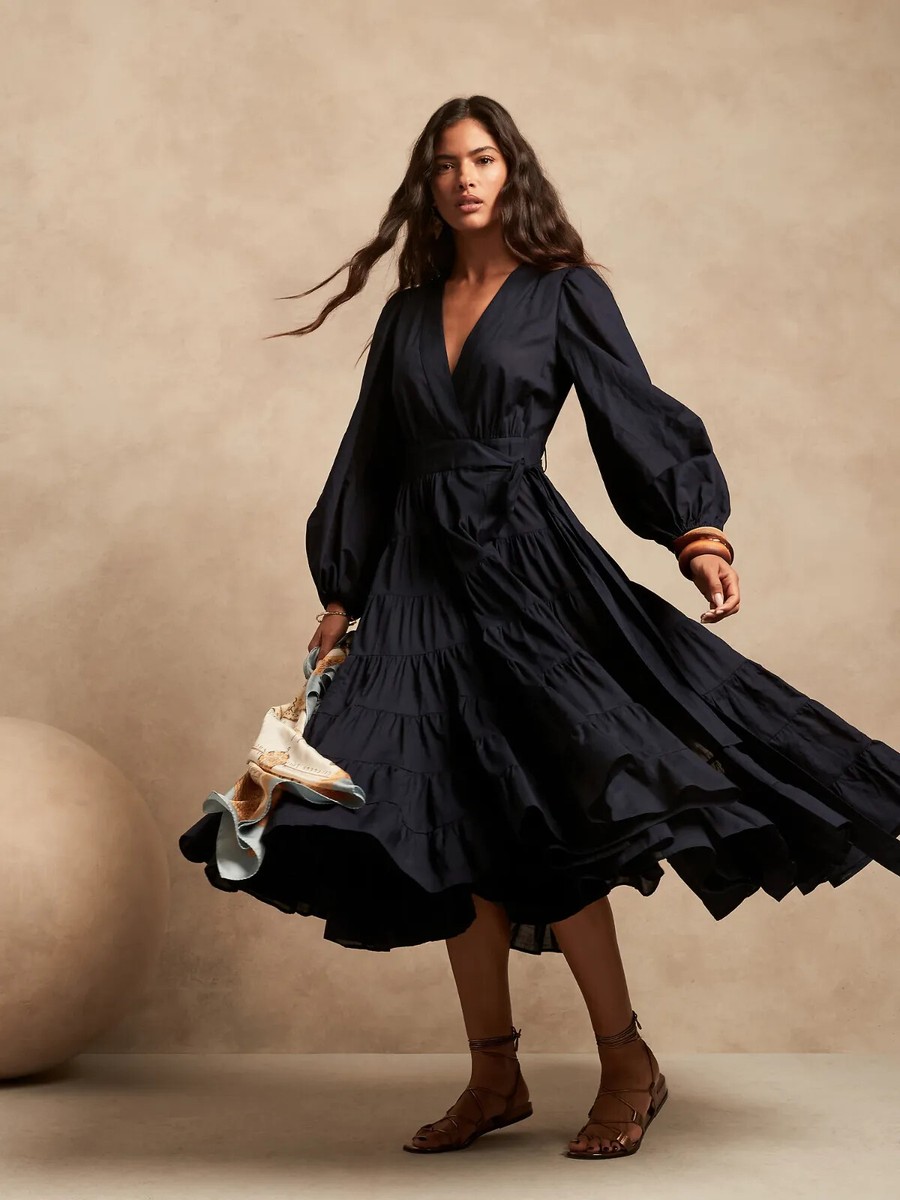 winter dresses banana republic Wrap Midi Dress Soft Cotton Dark Buy Black Punjabi Indian Twirl Color:Dark Brown