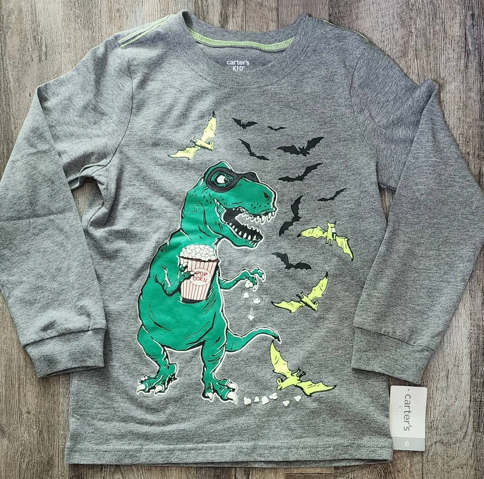 Carters Long Sleeve T-Shirt Boys Size 6 Gray Dinosaur Bats Popcorn Halloween NEW - Image 2 of 3
