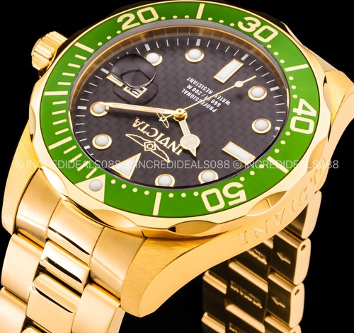 Invicta PRO DIVER 18K Gold Green Bezel Black CF Dial Mens Bracelet Watch Reloj - Picture 7 of 10