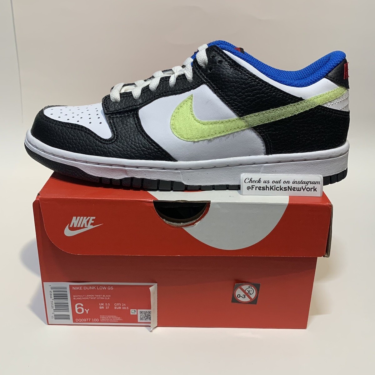 Nike Dunk Low Signal Blue Lemon Twist Big Kids Size 6Y Youth  DQ0977-100