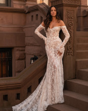 White Lace Mermaid Dresses Bridal Gowns Off Shoulder Long Sleeves Wedding Dress