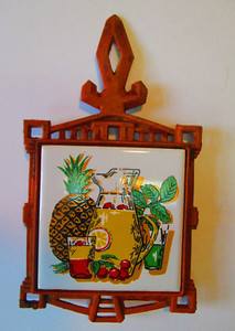 Vintage Trivet Mid Century Orange Cast Iron & Ceramic Cocktail Bar Ware