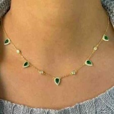 6 Ct Pear Cut Lab Created Green Emerald 14K Yellow Gold Plated Wedding Necklace