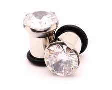 Pair of Prong Set Steel CZ Plugs Single Flare gauges tunnels PICK SIZE