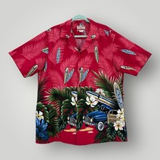 VTG RJC Hawaiian Shirt Mens XL Red Surfboards Woody Wagon Tropical USA Made