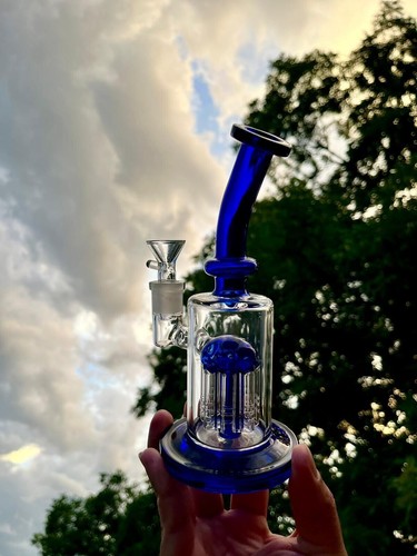 7" Blue 4-Arm Percolator Water Pipe Glass Bong Bubbler Glass Hookah Filter 14mm - Picture 3 of 8