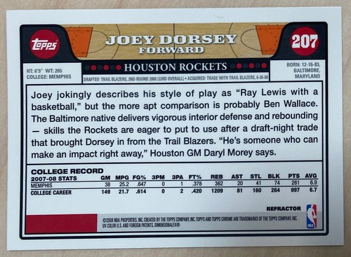 Joey Dorsey RC - 2008-09 Topps Chrom REFRAKTOR #207 - HOUSTON ROCKETS - Bild 2 von 2