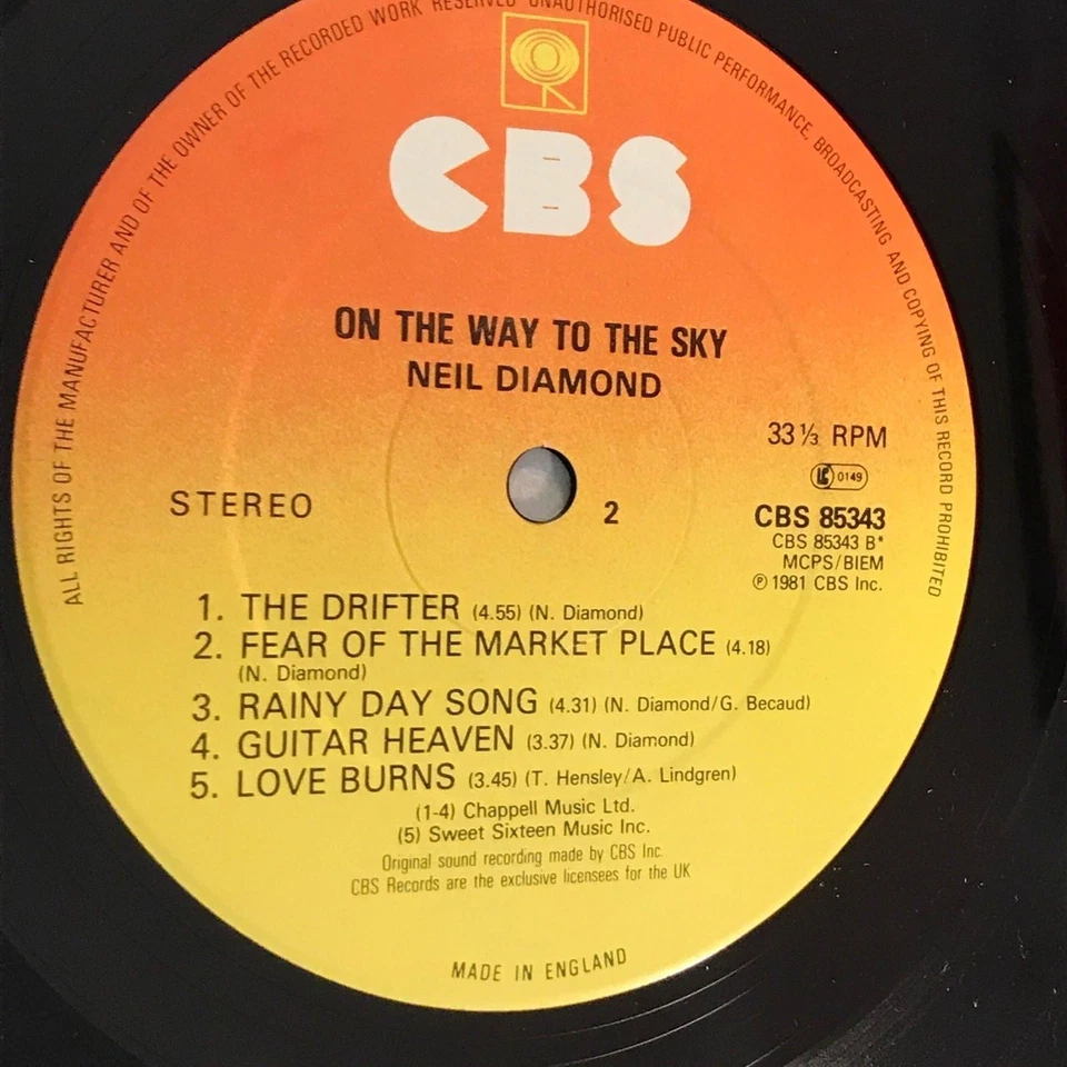 NEIL DIAMOND On The Way To The Sky 1981 UK Vinyl LP + INNER Yesterday's Songs - Image 3 of 3