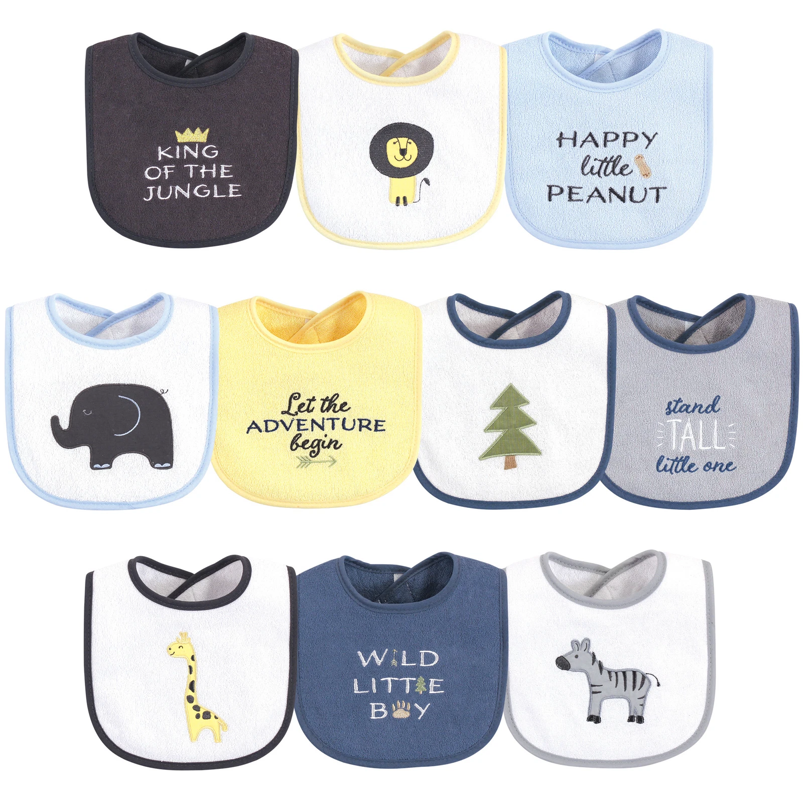Hudson Baby Cotton Terry Drooler Bibs with Fiber Filling 10pk, Safari, One Size