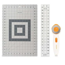 Fabric Cutting Set:White Rotary Cutter,Gray Cutting Mat,and Acrylic Sewing Ruler