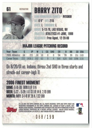 Topps Finest Green Refractor #61 2007 Barry Zito #/199 - Imagen 2 de 2