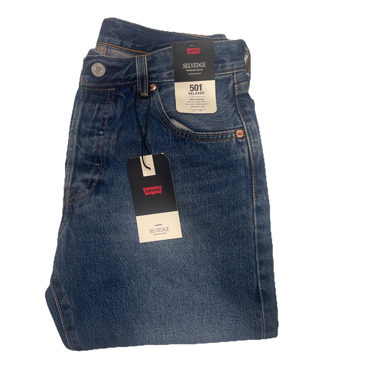 Levi Premium 501 Relaxed Selvedge Dark Wash Blue, 100% Cotton SIZE