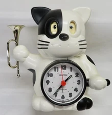 Vintage Rhythm Cat with Bugle Novelty Alarm Clock Works - See Video