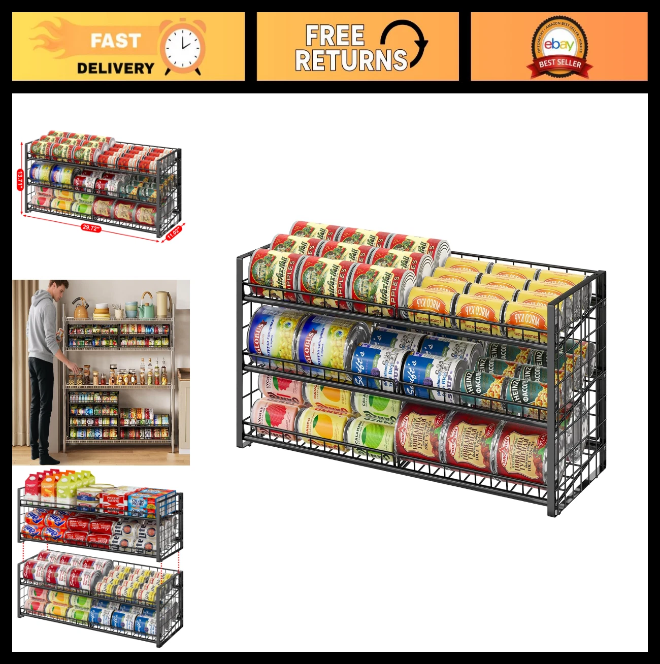 3-Tier Stackable Can Rack Organizer - Adjustable Can Holder for Kitchen Storage,