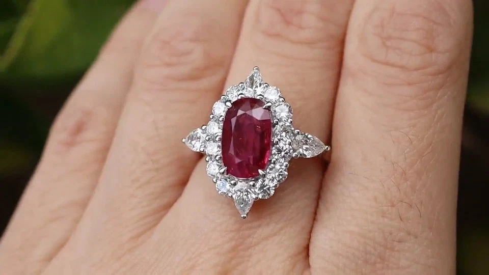 Oval Cut 2.45 Carats Natural Red Ruby Diamond Wedding Ring 18K White Gold Ring - Image 2 of 4