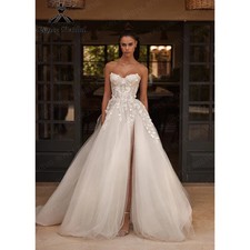 A-line Tulle Boho Wedding Dress Applique Beads Sweetheart Backless Bridal Gown