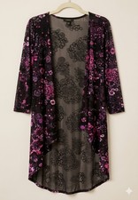 Espresso Black Purple Floral Velvet Burnout Kimono Sheer Open Front Boho Duster
