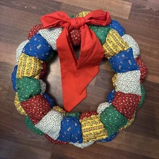 Vtg 5-pc Lot Handmade Patchwork Christmas Wreath, ornaments cottage grandma core