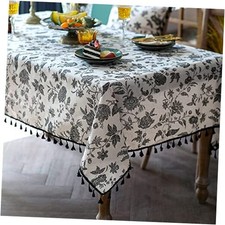 Boho Cotton Linen Tablecloth Bohemian 70" x 52" Rectangular Black Flower