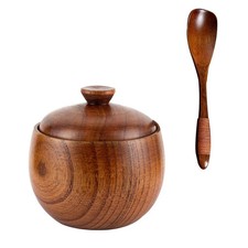 1 Set Salt Cellar with Lid Salt Shaker Salt Pot with Spoon Wooden Condiment Jar