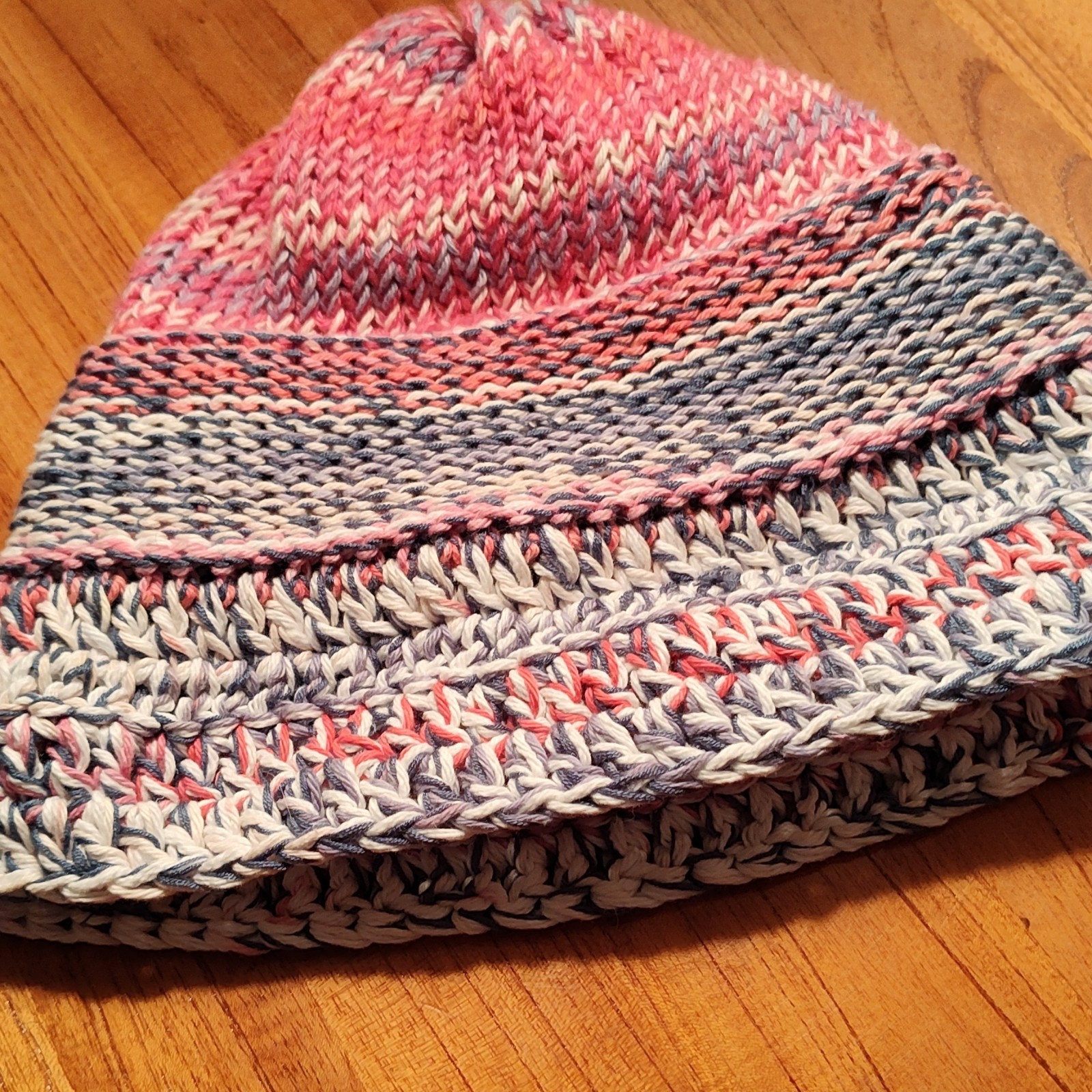 Handmade Handcrafted Crochet & Knit Beanie Hat - Pink Gray White