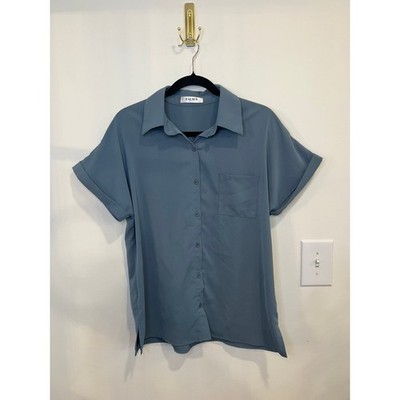 Pausus Blue Button Down Blouse Minimalist Workwear Office Chic Lightweight Small