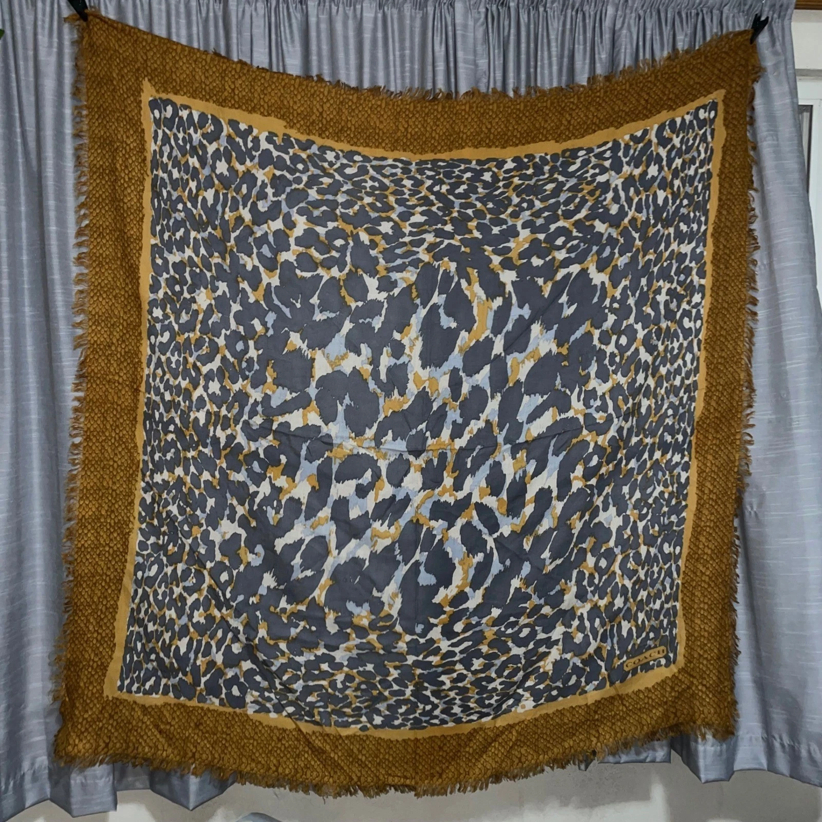 100% Wool Leopard Snakeskin Square Mustard Ocelot Animal Print Shawl Scarf
