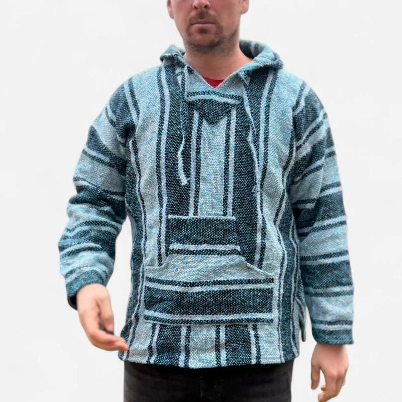 Striped Poncho Men's Size XL Pullover Chunky Knit Colour Hooded Festival Jumper