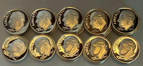 2007 S Silver Proof Dime Roll - Set of 50 Proof Dimes - Low Mintage 875,050