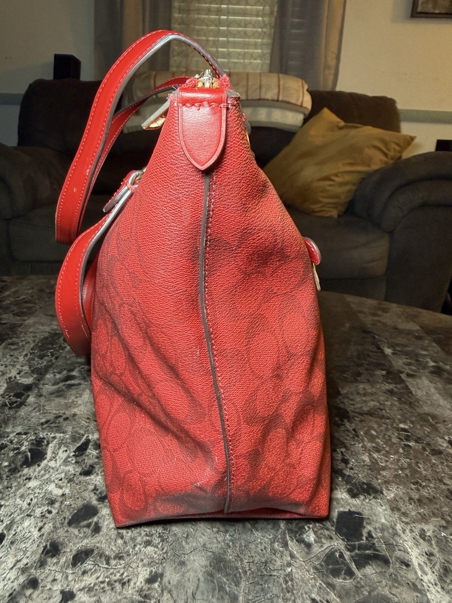 Coach Red Signature Zip Top Tote Bag F79609 Gold Hardware Large